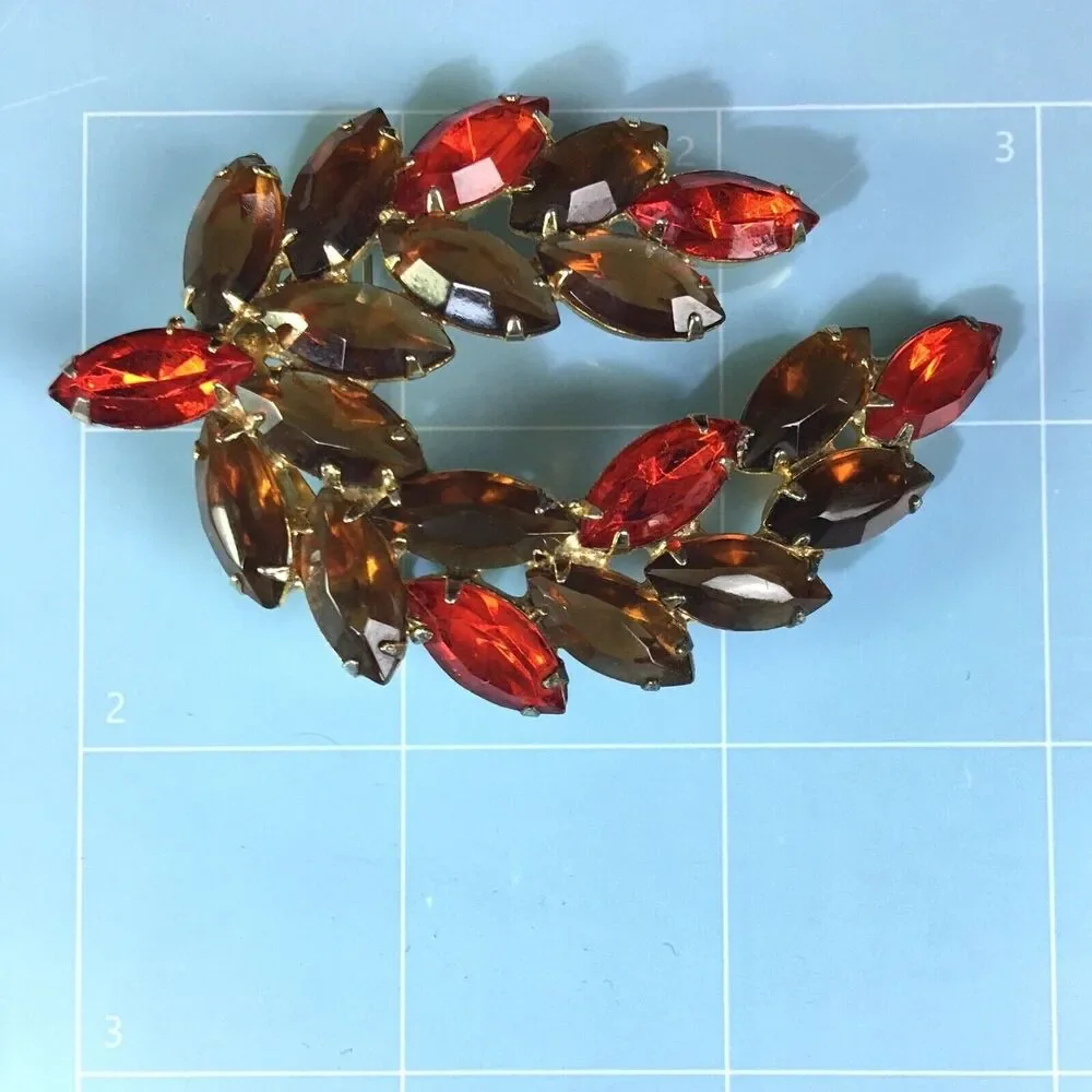 Vintage Glass Rhinestone Brooch Brown Topaz Color & Orange Navettes